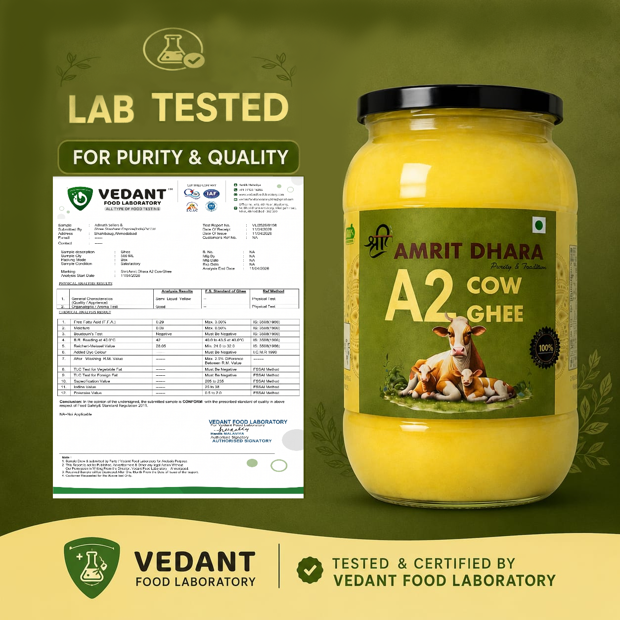 Nutritional information label for Shri Amrit Dhara A2 Cow Ghee per 100g